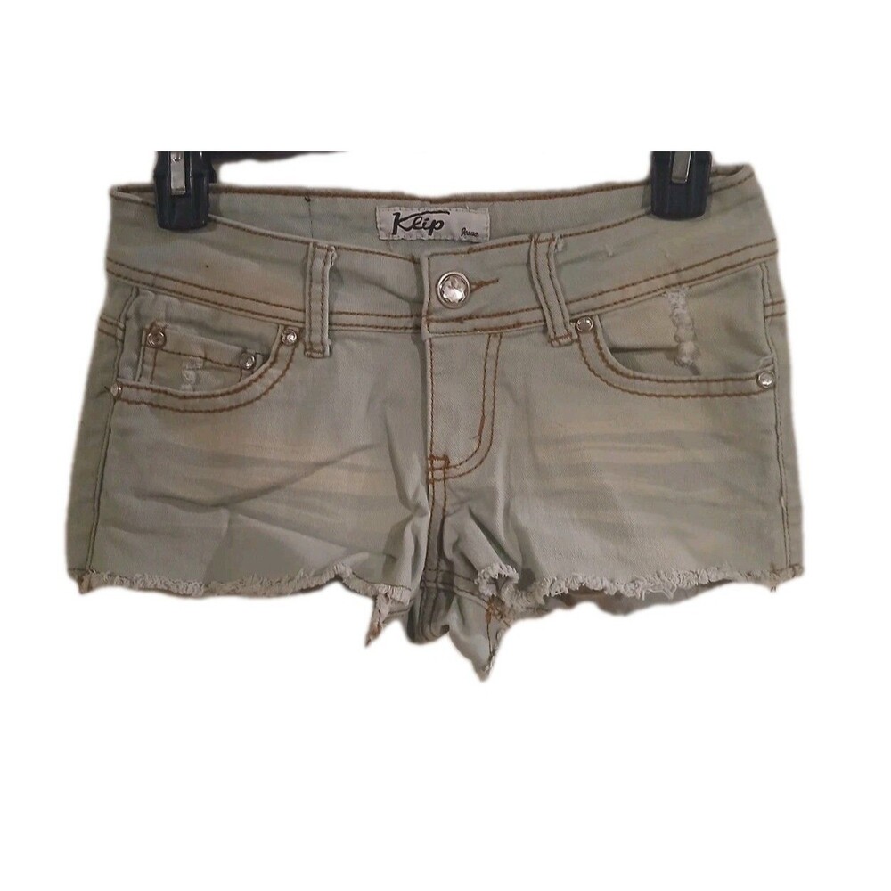 Vintage Klip  Green/yellow  Jean Shorts Junior Sz 5 Cut Off Rhinestone Distress